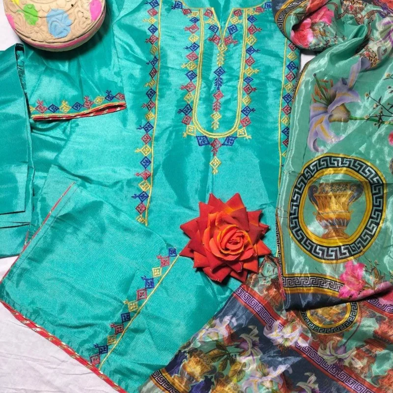 Pakistani Ferozi Color 3 Piece China Solk Dress- Shalwar Kameez - Pakistani Indian Style - Medium